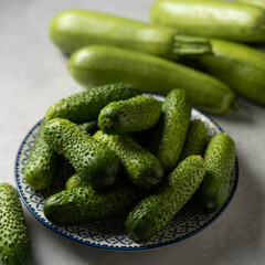 Fresh cucumbers on a plate, zucchini in the background, light gray stone background, square format, macro