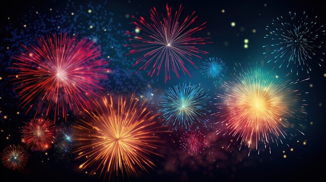Beautiful fireworks new year celebration at city night. AI generated image