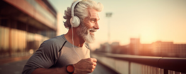 Happy senior man exercising outdoors, enjoying fresh air