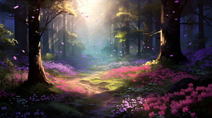 Spring glade in forest with flowers