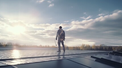 Obraz premium Inspection engineer stands and watches the roof installation and repair team above the clouds in the sky. Roof installer on house, renovation, renovation