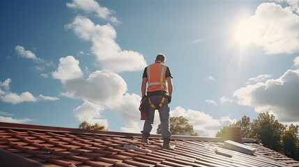 Inspection engineer stands and watches the roof installation and repair team above the clouds in the sky. Roof installer on house, renovation, renovation