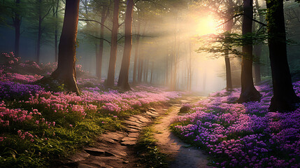 Spring glade in forest with flowers - obrazy, fototapety, plakaty