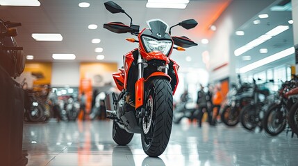 The female salesperson stood and smiled. Motorcycle showroom