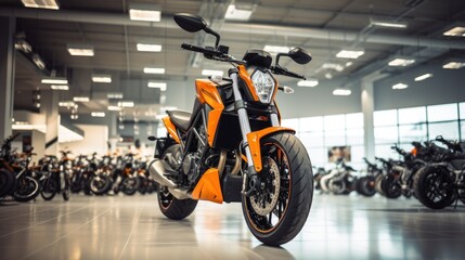 The female salesperson stood and smiled. Motorcycle showroom