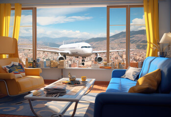 Modern living room and through the window you can see the plane