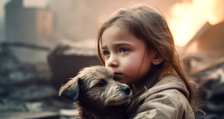 anguished child holding a dog, hopeless and alone
