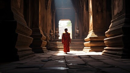Monks and novices in an old temple in Thailand