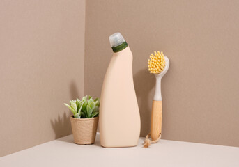 Cleaning concept. Natural bristle, cleaning product and green plant.