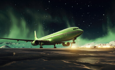 As the night sky illuminates the runway, a large green airliner takes off, propelled by its powerful aircraft engines, ready to transport passengers on an unforgettable journey through the endless po