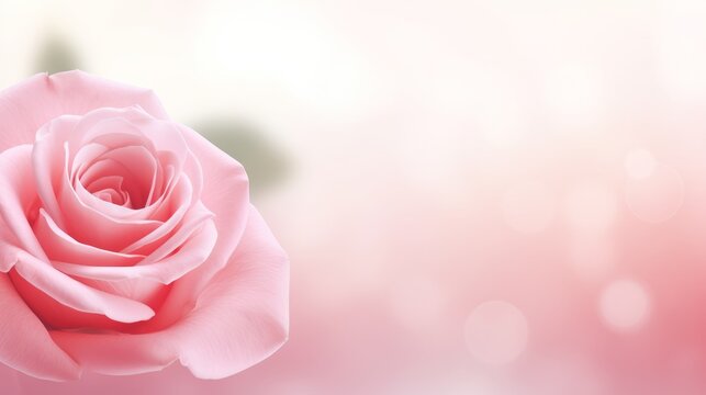 Horizontal banner with rose of pink color on blurred background. Generative AI