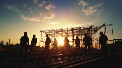 Fototapeta na wymiar A number of engineers and workers are inspecting a project at the background of a construction site at sunset in the evening.