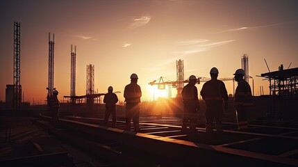 A number of engineers and workers are inspecting a project at the background of a construction site at sunset in the evening.