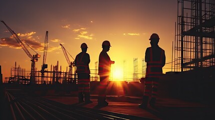 A number of engineers and workers are inspecting a project at the background of a construction site at sunset in the evening.