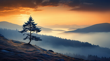 Fototapeta na wymiar a lonely pine tree in the sunset mist in the mountains, an autumn calm landscape of wildlife, a vertical panorama of the forest