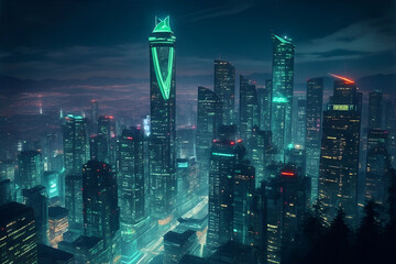 Obraz premium Vibrant Eco-Futuristic Vancouver: Neon-Lit Skyscrapers Enhancing the Night Sky in a Bustling Green Cityscape.