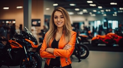 Fototapeta na wymiar The female salesperson stood and smiled. Motorcycle showroom