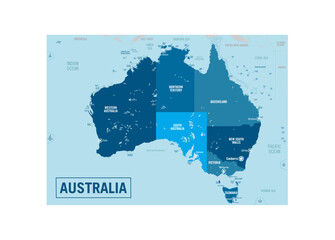 Australia country political map. Detailed vector illustration with isolated provinces, departments, regions, cities, islands and states easy to ungroup.