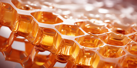 Close-up of a transparent liquid cosmetic product in the form of a honeycomb.