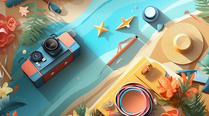 Fototapeta na wymiar Top view on travel and tourism concept template, ready for summer banners design. Vector illustration