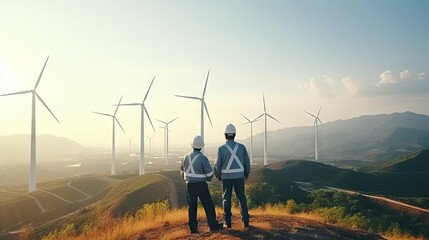 Two engineers discuss wind turbine maintenance plans. Renewable energy with wind generator with renewable energy concept.