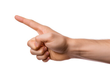 Male finger pointing, indicating direction or drawing attention to a specific object or action, isolated on a white background - obrazy, fototapety, plakaty