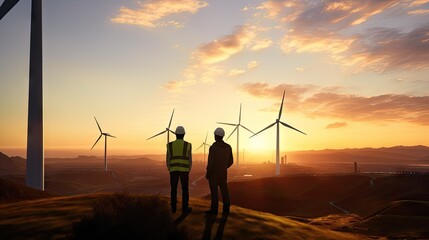 Two engineers discuss wind turbine maintenance plans. Renewable energy with wind generator with renewable energy concept. - obrazy, fototapety, plakaty