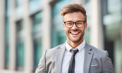 Fototapeta premium Businessman outside office, smiling
