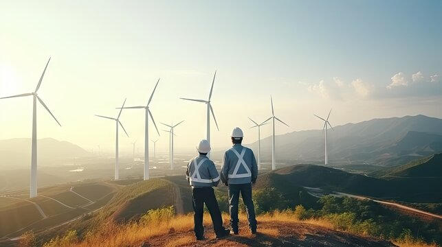 Two engineers discuss wind turbine maintenance plans. Renewable energy with wind generator with renewable energy concept.
