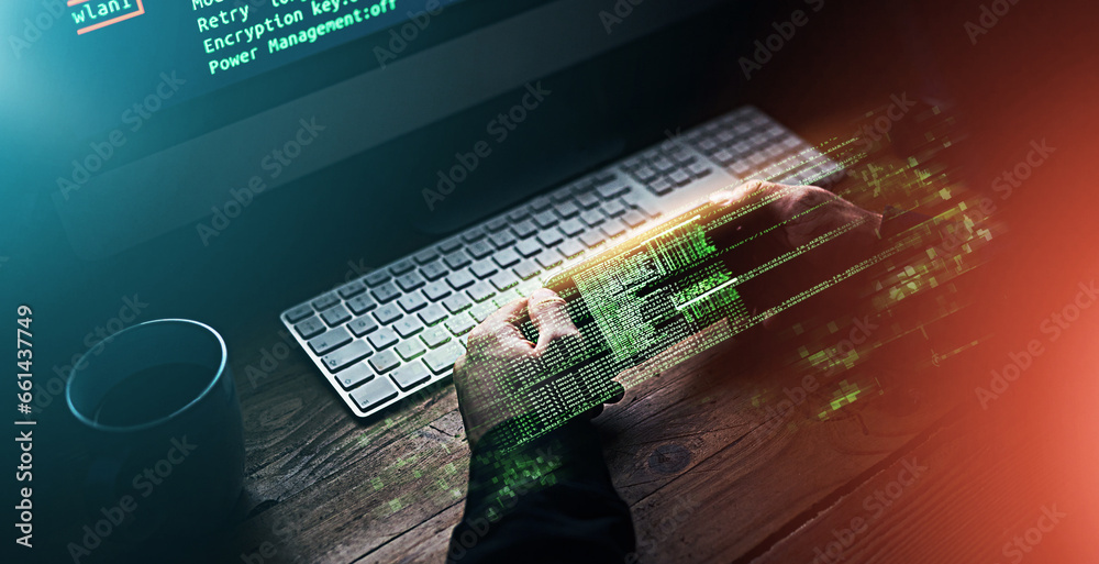 Poster dark, hologram and a hacker for cyber security, cloud computing or connection to computer system. gr