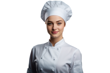 portrait of a attractive female chef in chef's hat and jacket, png isolated on white background