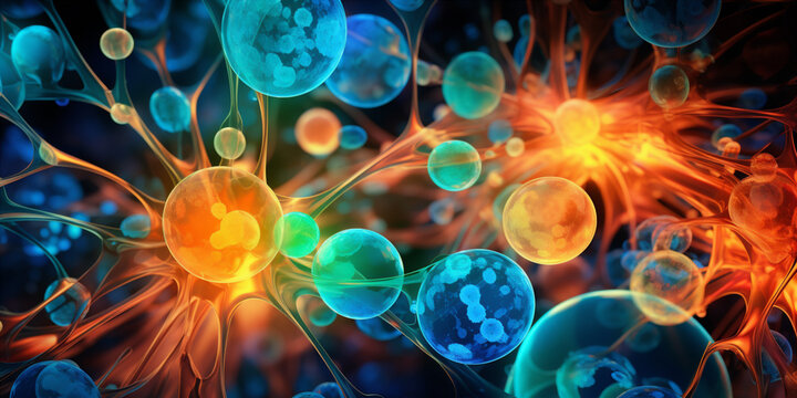 cells brightly colored cells glowing under the microscope