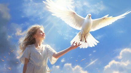 The concept of no war, dove of peace is as reliable as peace and well-being. The girl holds in her hands a white dove flying against the sky - obrazy, fototapety, plakaty