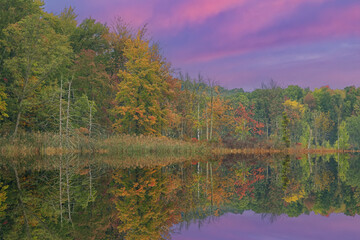Autumn landscape at dawn of the shoreline of Deep Lake, Yankee Springs State Park, Michigan, USA