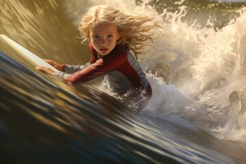 Fototapeta premium A young girl confidently rides a wave on top of a surfboard. This picture captures the exhilaration and joy of surfing. It can be used to illustrate water sports, summer activities, and the thrill of 