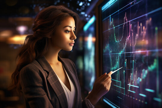 In a futuristic trading spaceship, a woman trader navigates holographic price charts, showcasing the blend of sci-fi aesthetics and financial acumen in a dynamic setting.  - Powered by Adobe
