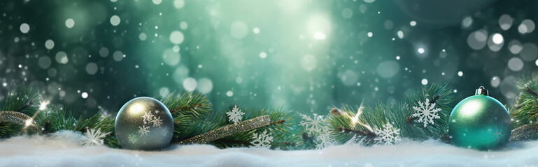 Fototapeta na wymiar Christmas Banner Baubles Green Fir Twigs Bokeh