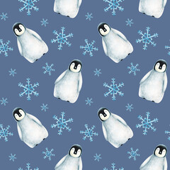Watercolor seamless pattern with king penguin family on the floating ice isolated. Hand painting...