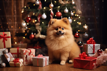 Fototapeta na wymiar Dog with christmas gifts