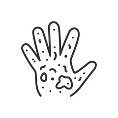 Bacteria on hand, linear icon. Dirty hands. Microbes. Line with editable stroke