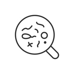 Magnifying glass with bacteria, linear icon, searching for viruses and bacteria. Dirty. Line with editable stroke