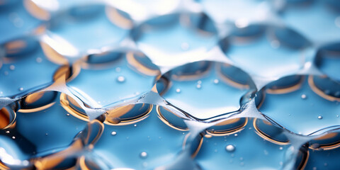 Close-up of a transparent liquid cosmetic product in the form of a honeycomb.