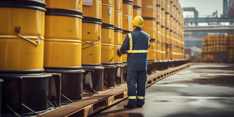 Fototapeta premium Male worker inspection record drum oil stock barrel