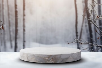 Fototapeta na wymiar Empty round stone podium in winter background with copy space. for product display, generative ai