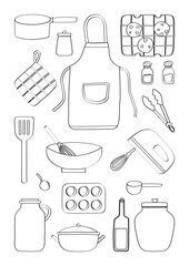 Lined Modern various cute kitchen cooking utensils and baking elements illustration