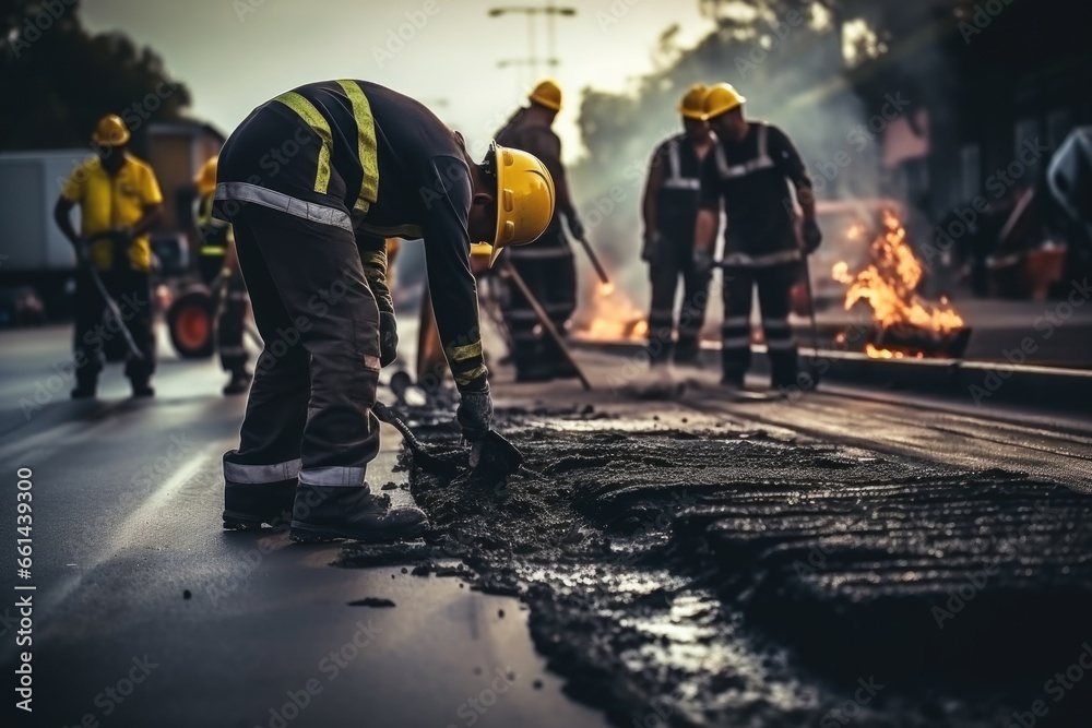Poster a group of men working on a street. this image can be used to depict construction, roadwork, infrast
