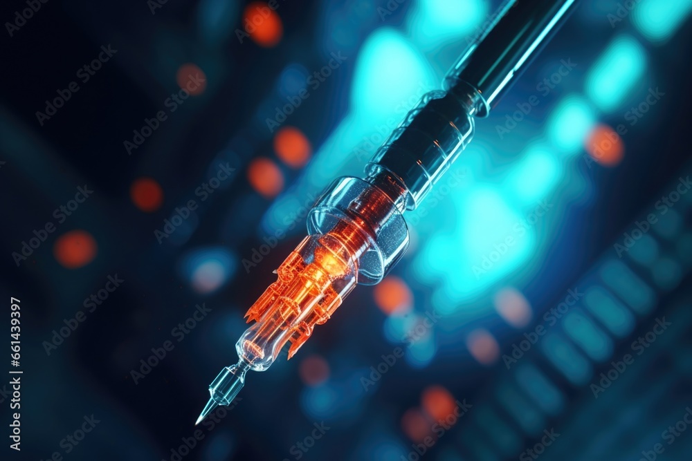 Poster A close-up photograph of a needle with a soft light in the background. This image can be used to represent precision, focus, or medical themes.
