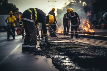 A group of men working on a street. This image can be used to depict construction, roadwork, infrastructure development, or urban maintenance projects.