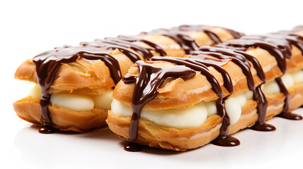 Eclair with vanilla cream and chocolate on a white background.