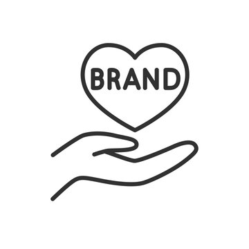 Favorite brand, linear icon, brand promotion. Hand holds the heart with the inscription brand. Line with editable stroke